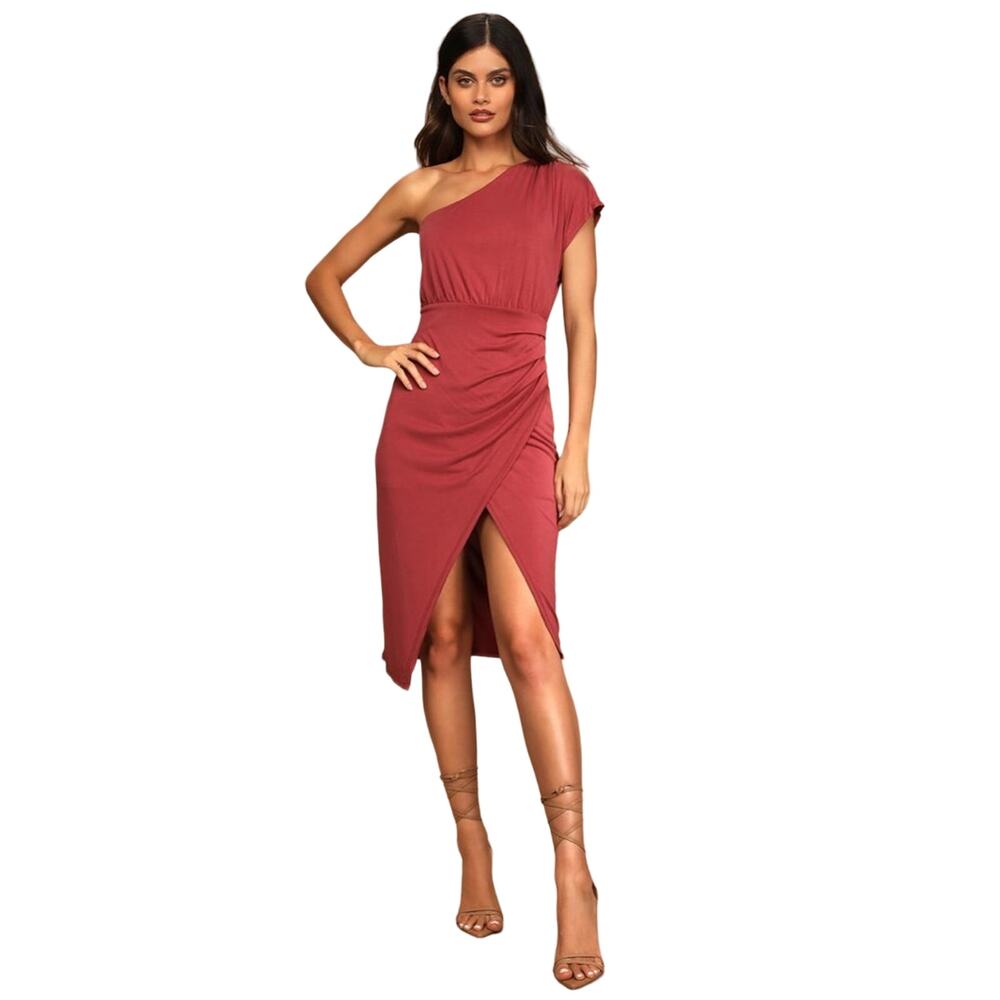 Lulus Raise a Glass Washed Red One-Shoulder Midi Dress Size: Medium